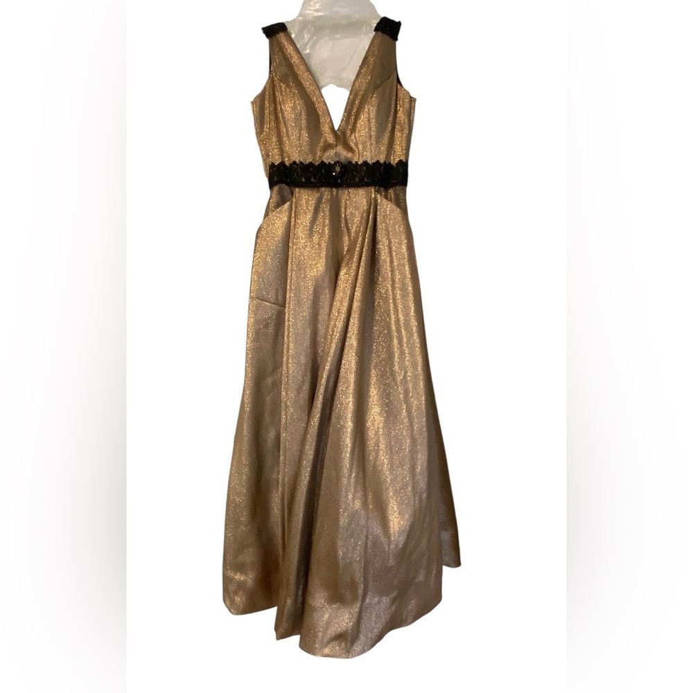 Blondie Nites Gold Shimmer A-Line Dress with Black Lace Waist